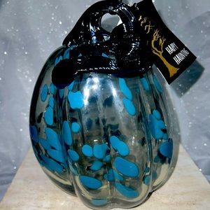 Happy Haunting  Handblown Art Glass Pumpkin  Blue Speckled Spots New